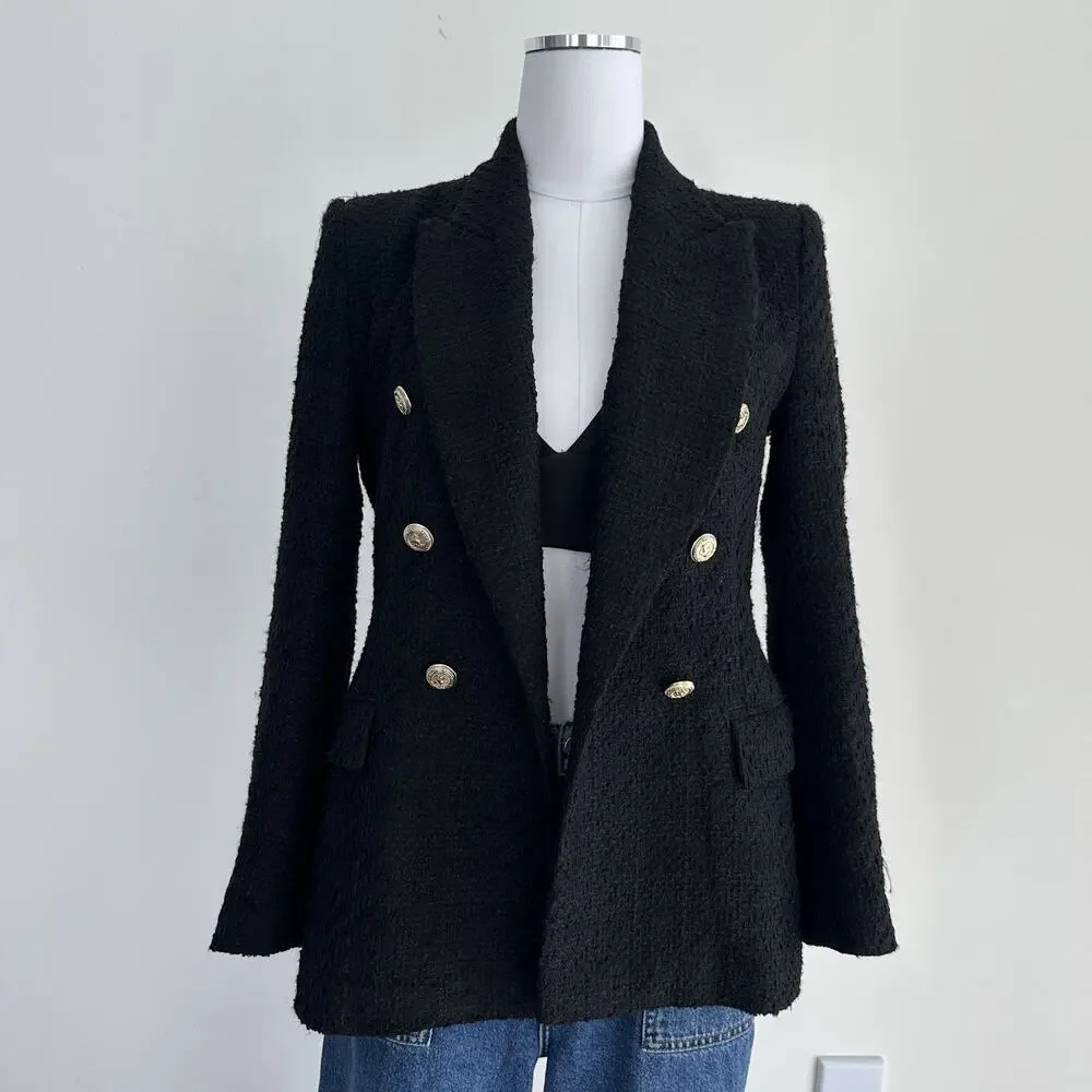 Zara Tweed Jacket Womens Medium Double Breasted Boucle Equestrian Academia Chic - Picture 3 of 16